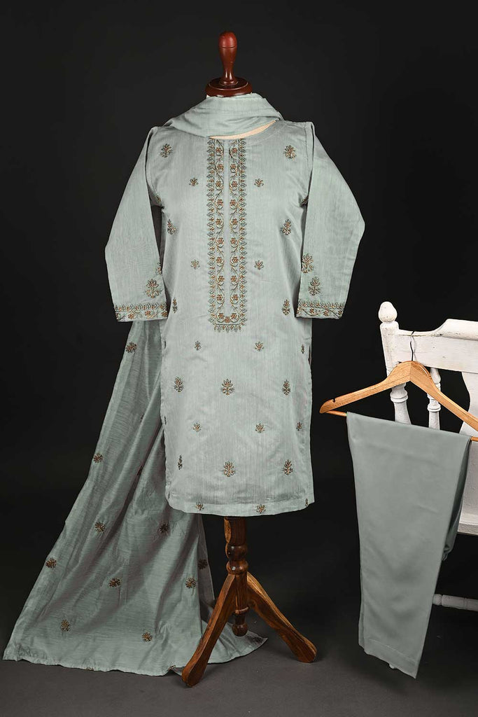RTW-106-Grey -  3Pc Stitched Paper Cotton Embroidered Dress