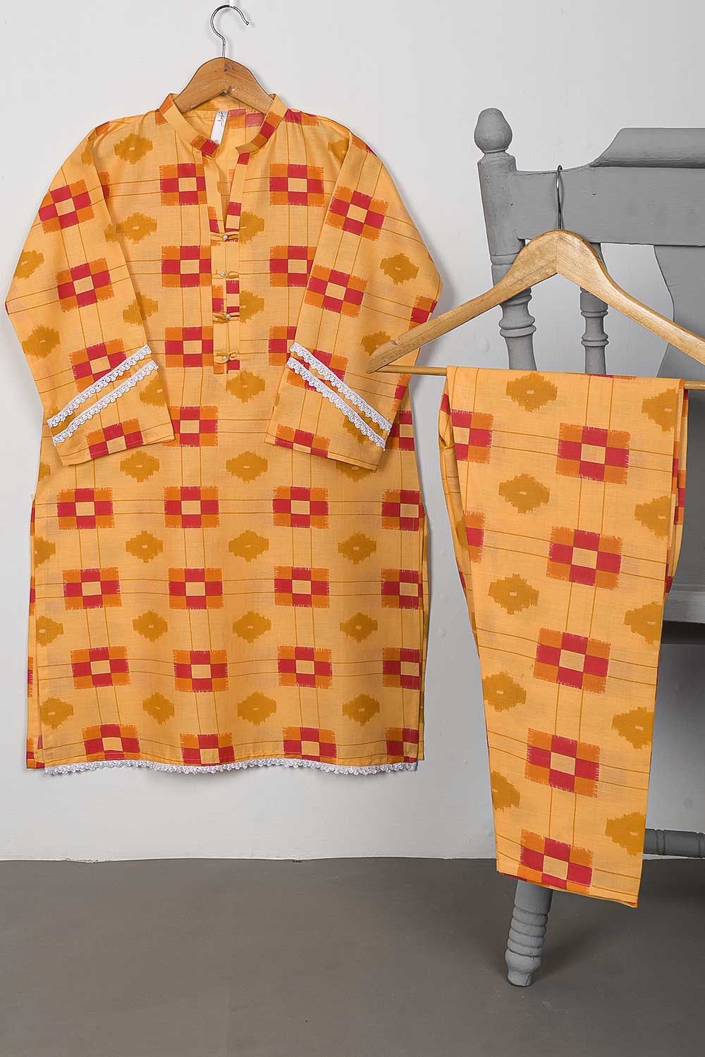 STP-077A-Mustard - 2PC COTTON PRINTED STITCHED