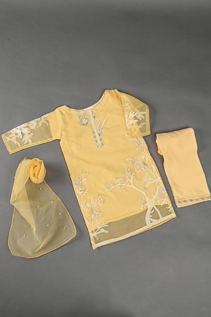 TKF-24B-YELLOW - Kids 3Pc Organza Formal Embroidered Dress With Malai Trouser