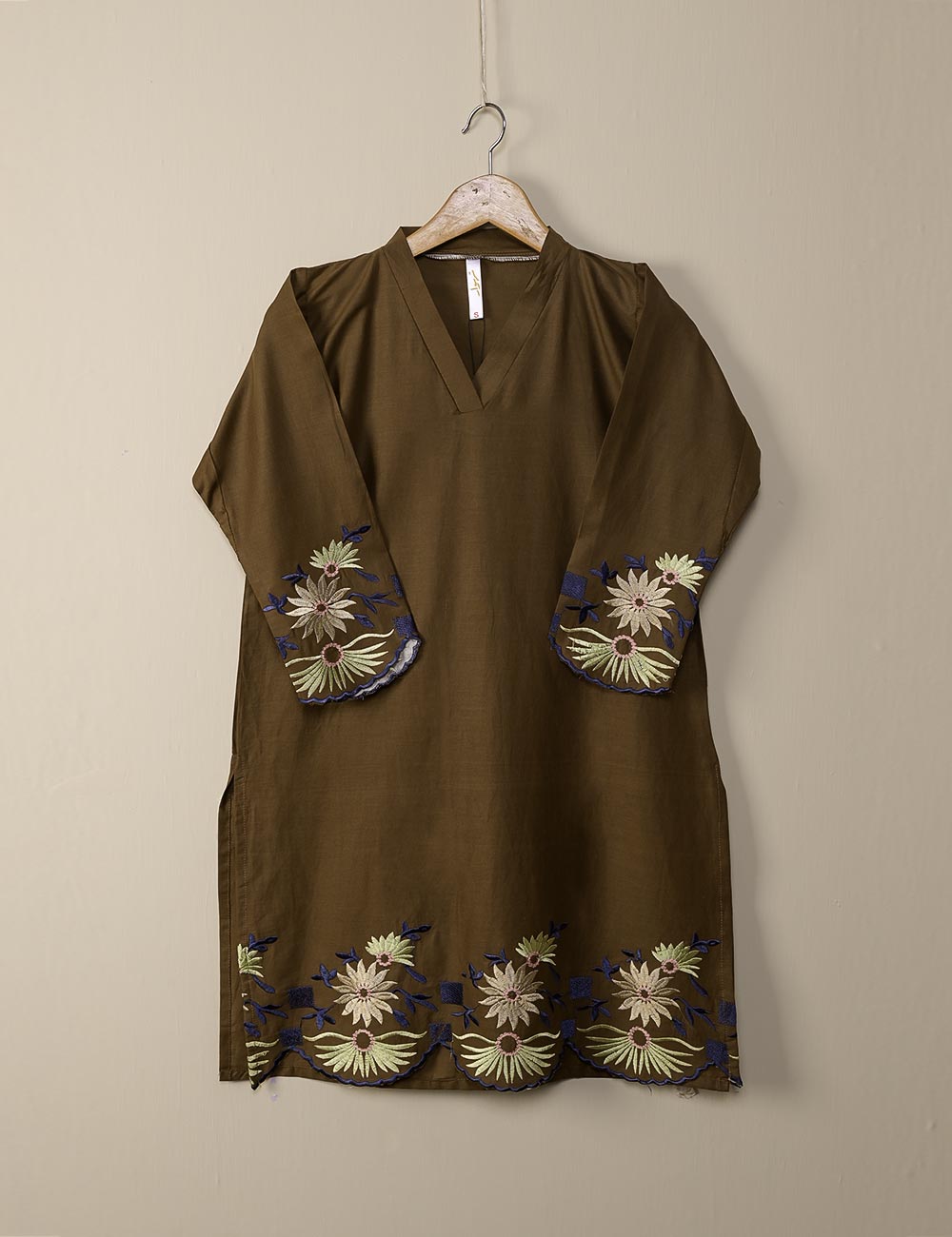 TS-061C-Brown - Feathers - Cotton Embroidered Stitched Kurti