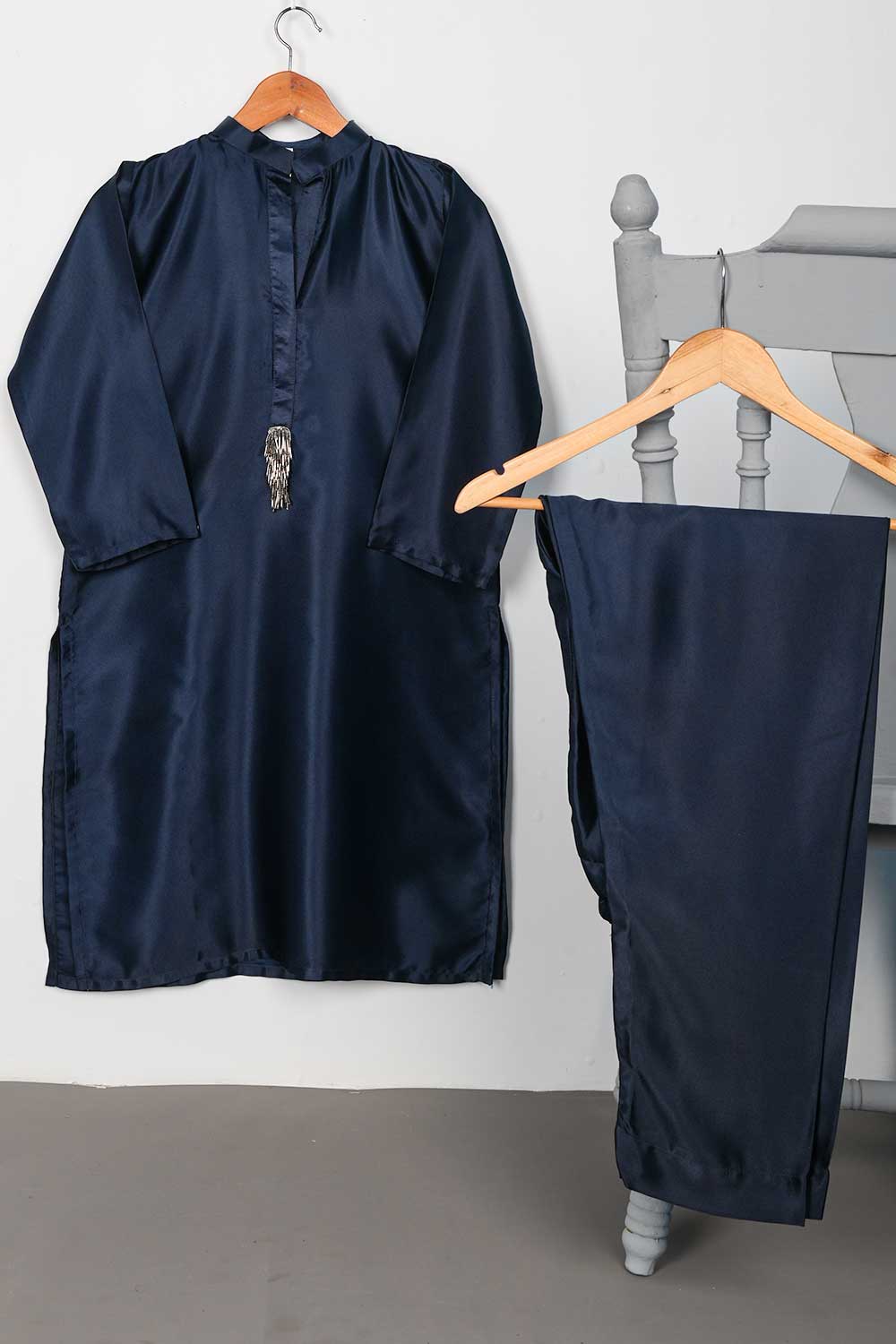 STP-076A-NavyBlue - 2Pc Silk Shirt With Silk Trouser