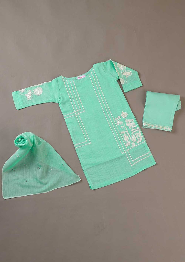 TKF-21-SEAGREEN - Kids 3Pc Paper Cotton Dress With Malai Trouser