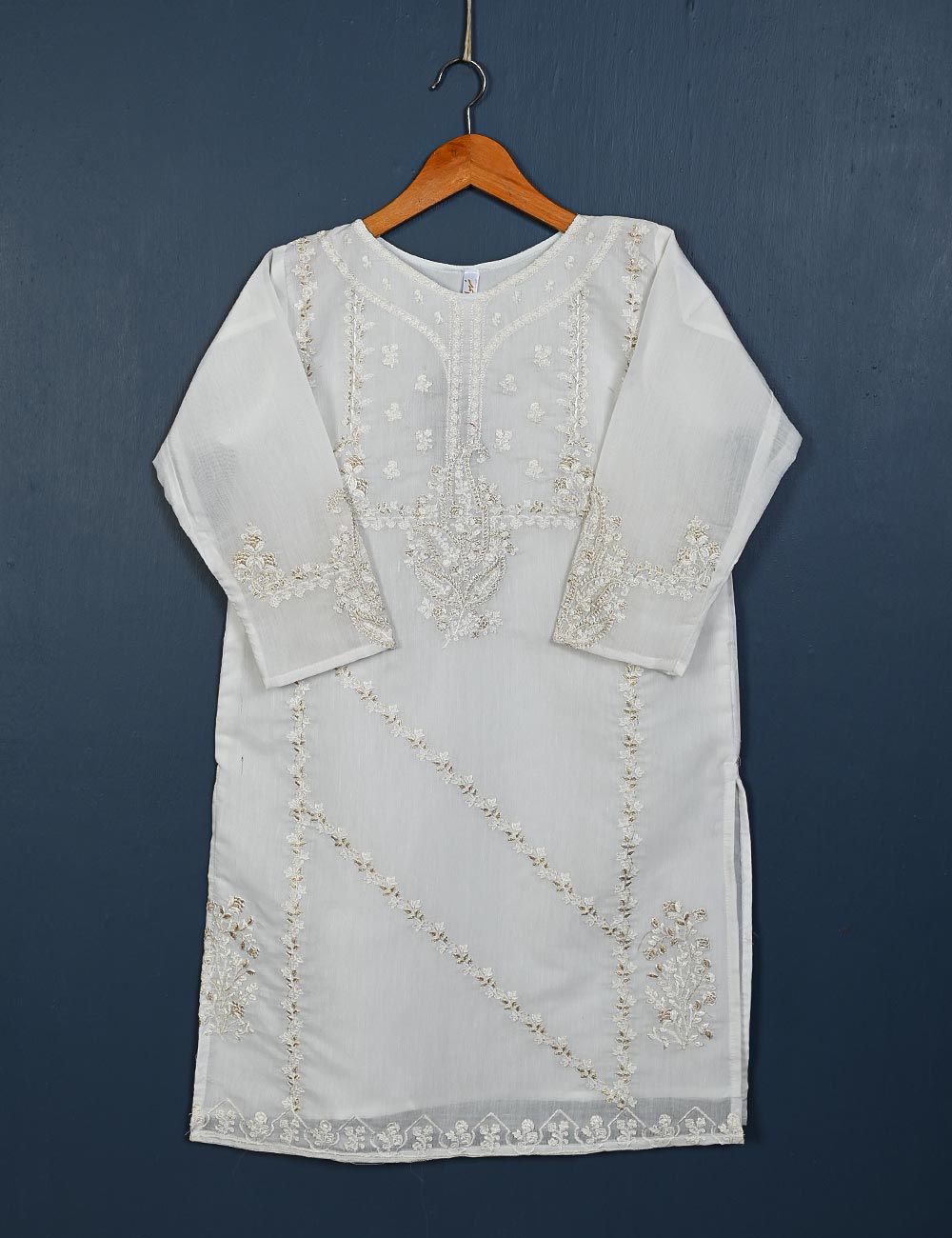 TS-152-White - Stellar Art - Paper Cotton Embroidered  Kurti