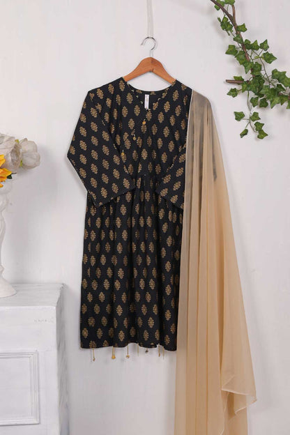 STP-029A-Black - 2Pc Cotton Stitched With Chiffon Dupatta