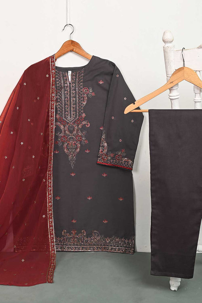 3SP-5B-STEELGREY - 3PC COTTON EMBROIDERED Dress With Chiffon Embroidered Dupatta