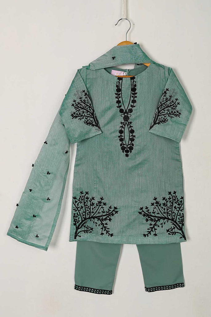 TKF-32-GreyishBlue - Kids 3Pc Paper Cotton Dress With Malai Trouser