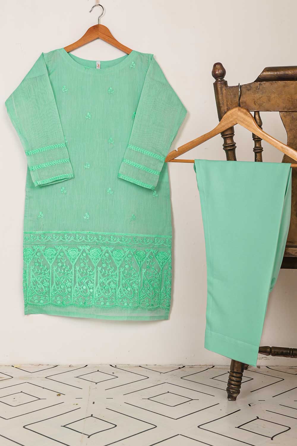 STP-045A-SeaGreen - 2PC PAPER COTTON EMBROIDERED STITCHED