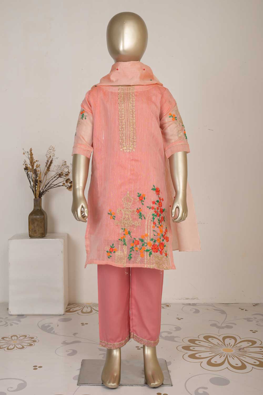 TKF-04-Pink - 3Pc Kids Formal Stitched Dress