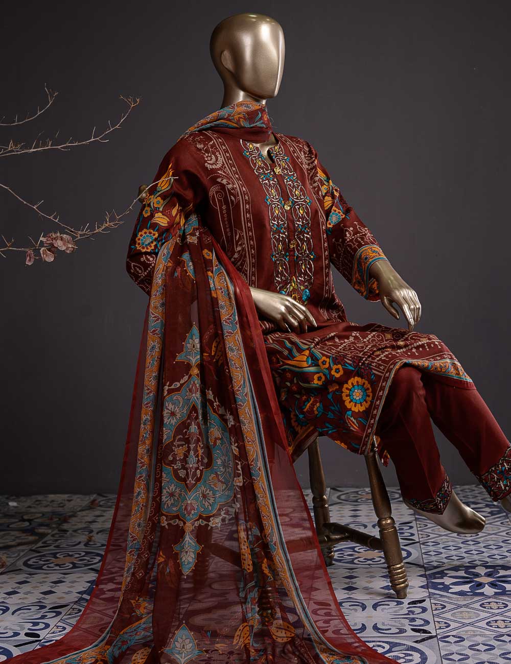 Baghe Bahar (DL-1b) 3 Pc Un-stitched Embroidered Lawn Dress with Chiffon Dupatta