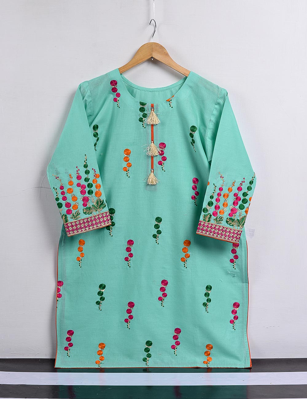 Cambric Embroidered Kurti - Turf - T20-008-Ferozi