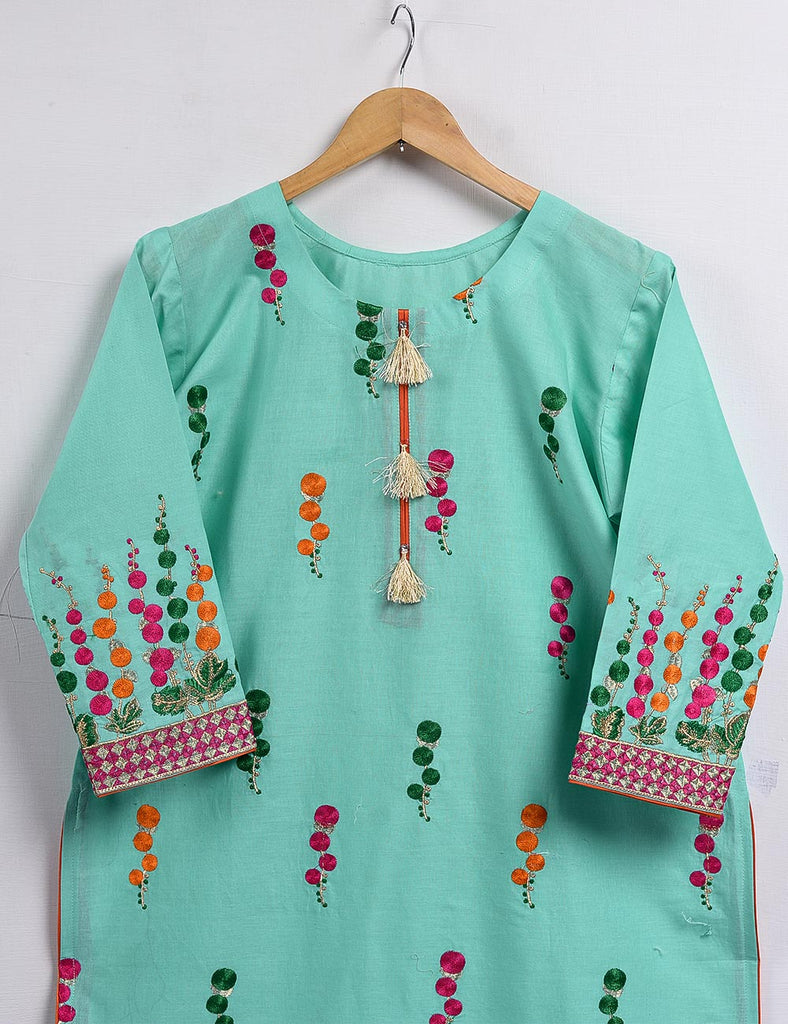 Cambric Embroidered Kurti - Turf - T20-008-Ferozi