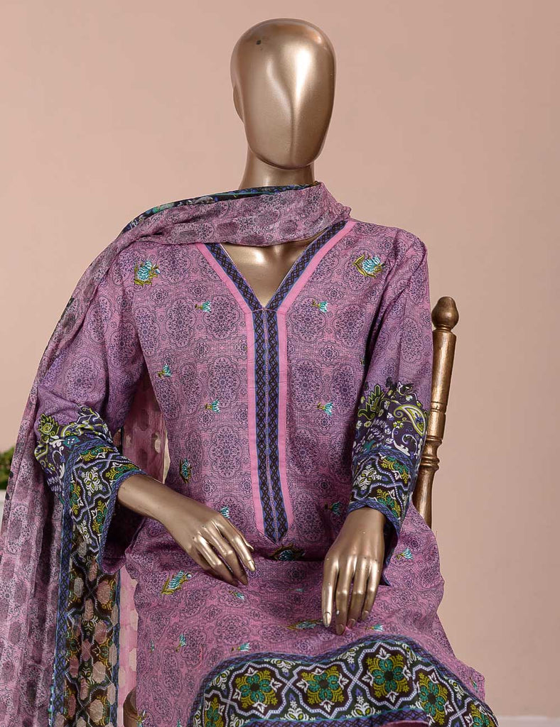 3 Pc Unstitched Lawn Embroidered Dress with Chiffon Dupatta - Empurple  - (FE-04)