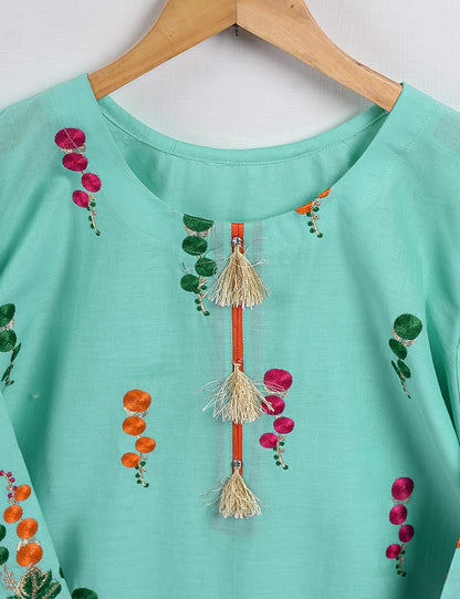 Cambric Embroidered Kurti - Turf - T20-008-Ferozi