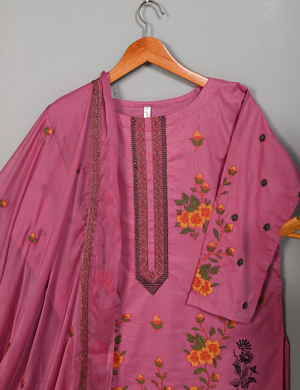 SEC-1B-Pink - 3Pc Stitched Cotton Embroidered Dress With Chiffon Embroidered Dupatta