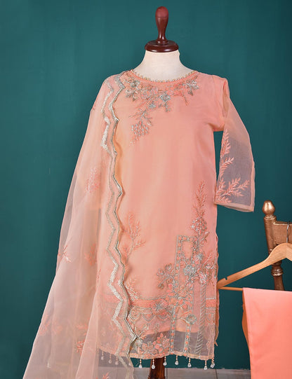 3 Pc Stitched Organza Suit With Tassels With Organza Embroidered Dupatta and Malai Trouser - Pearly Delight (RTW-21-Pink)