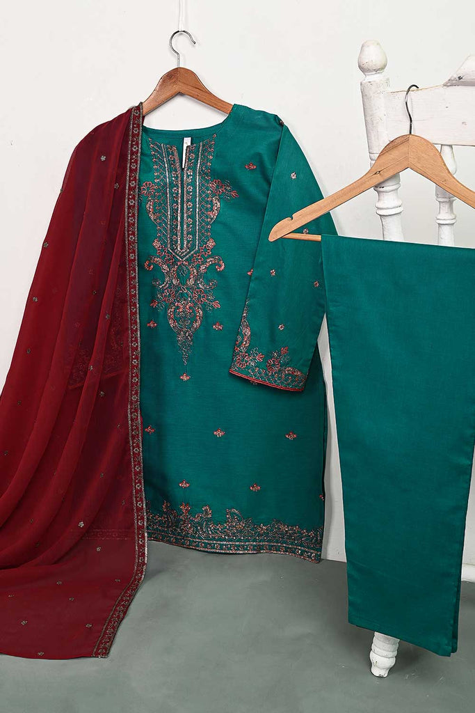 3SP-5A-TURQUOISE - 3PC COTTON EMBROIDERED Dress With Chiffon Embroidered Dupatta