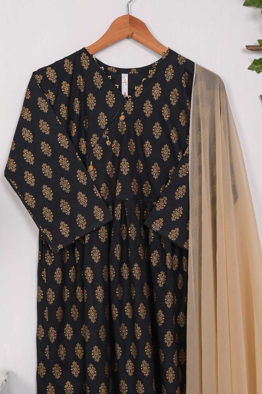 STP-029A-Black - 2Pc Cotton Stitched With Chiffon Dupatta