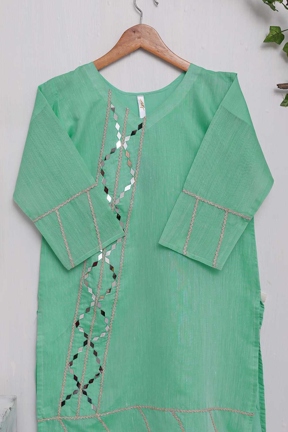 (TS-104-Aqua Green) - Paper Cotton Embroidered Stitched Kurti With Mirror Work