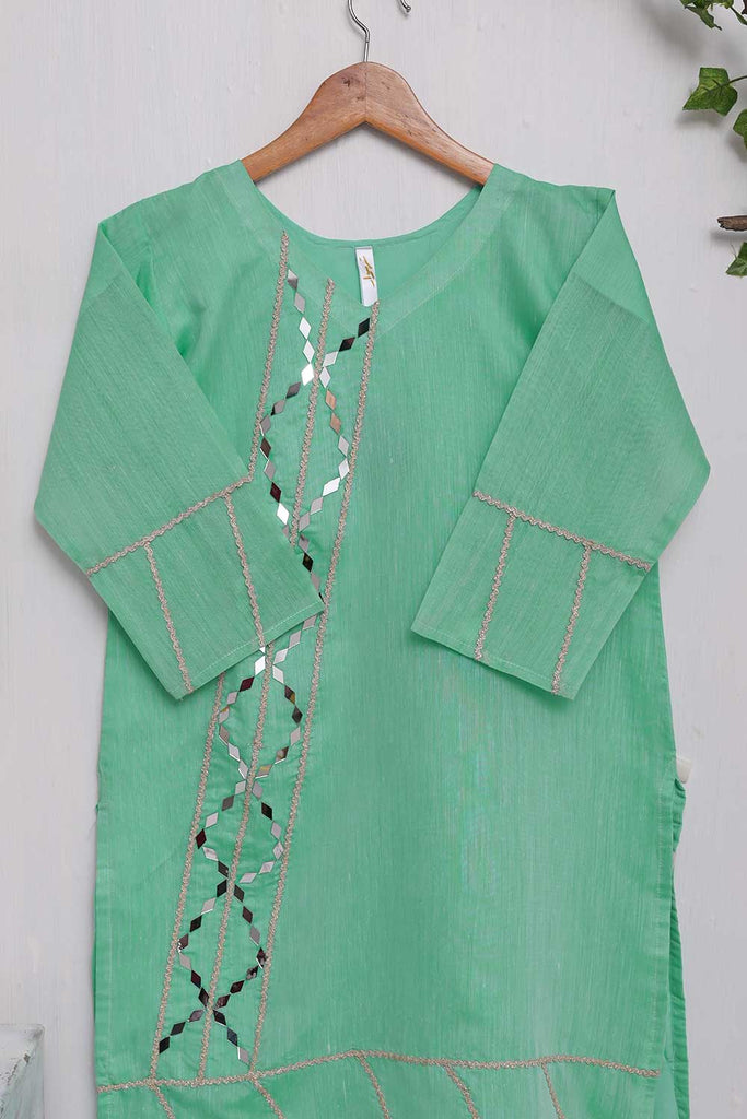 (TS-104-Aqua Green) - Paper Cotton Embroidered Stitched Kurti With Mirror Work
