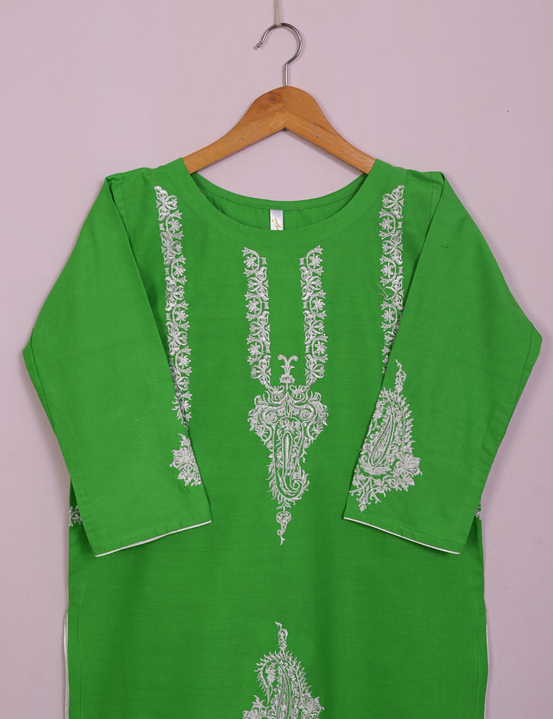 TS-031F-ParrotGreen - Camellia - Cotton Embroidered Stitched Kurti