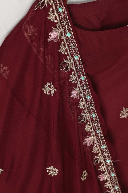 3SP-7B-Maroon - 3PC COTTON EMBROIDERED Dress With Chiffon Embroidered Dupatta