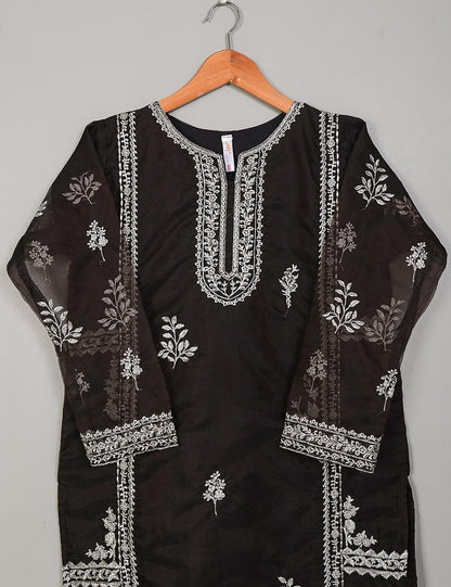 TS-142A-DarkBrown - Organza Embroidered Stitched Kurti