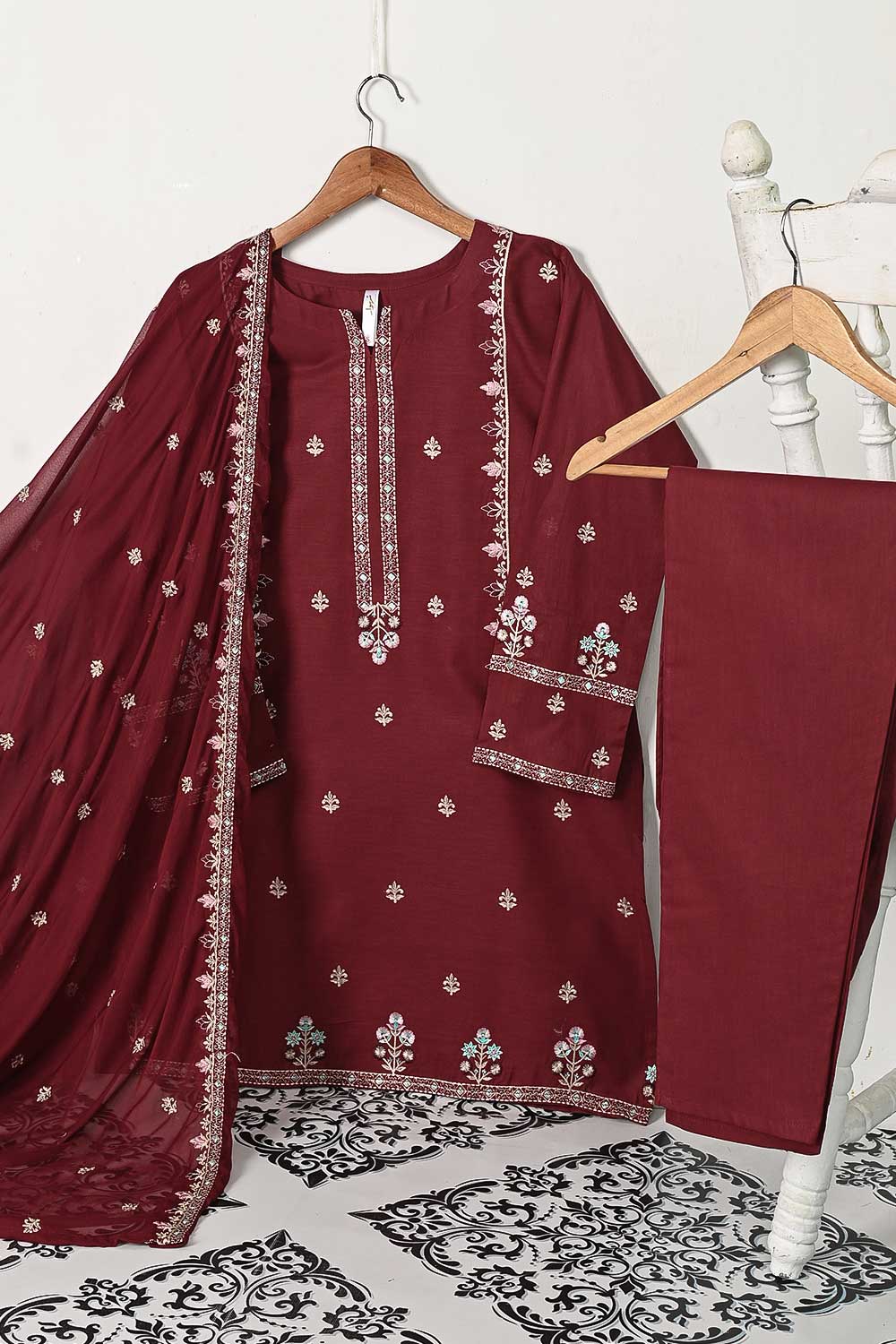 3SP-7B-Maroon - 3PC COTTON EMBROIDERED Dress With Chiffon Embroidered Dupatta