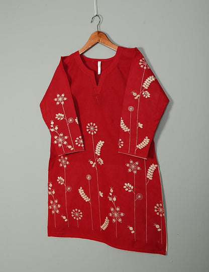 T20-058E-Red - Cotton Embroidered Kurti