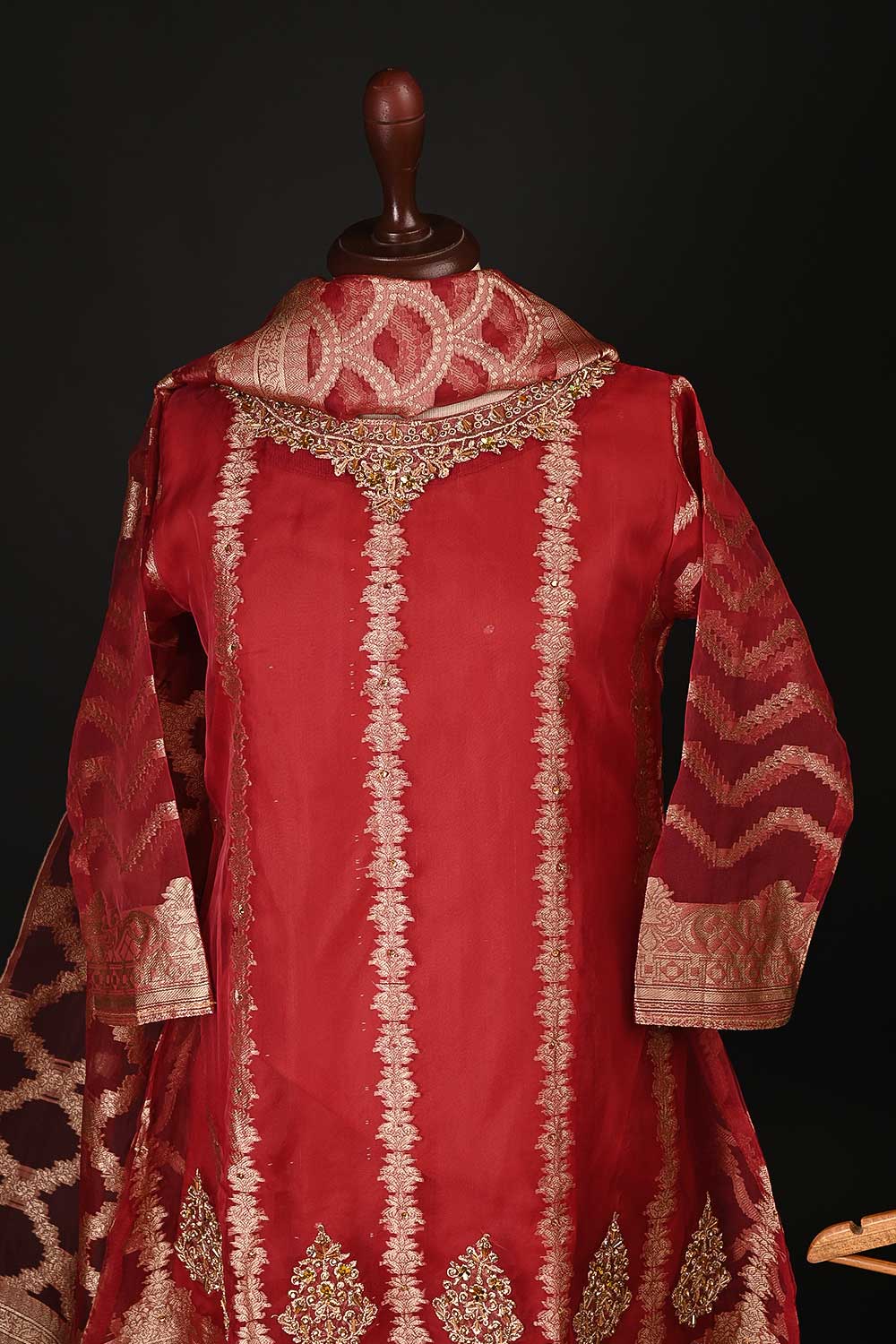 RTW-107-Red -  3Pc Stitched Organza Premium Banarsi Jacquard