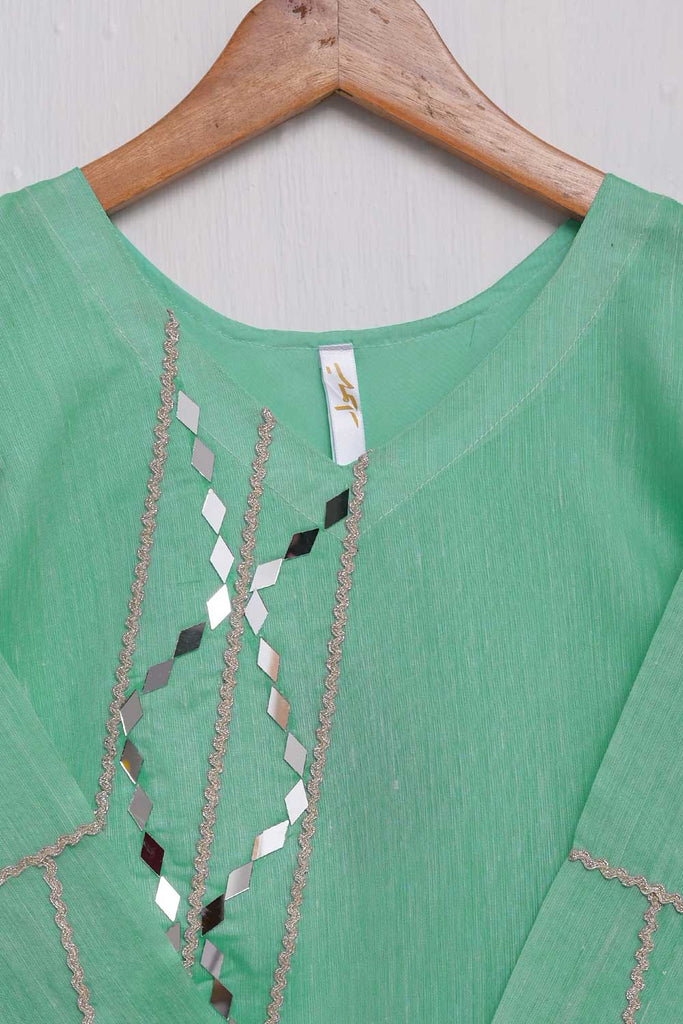 (TS-104-Aqua Green) - Paper Cotton Embroidered Stitched Kurti With Mirror Work