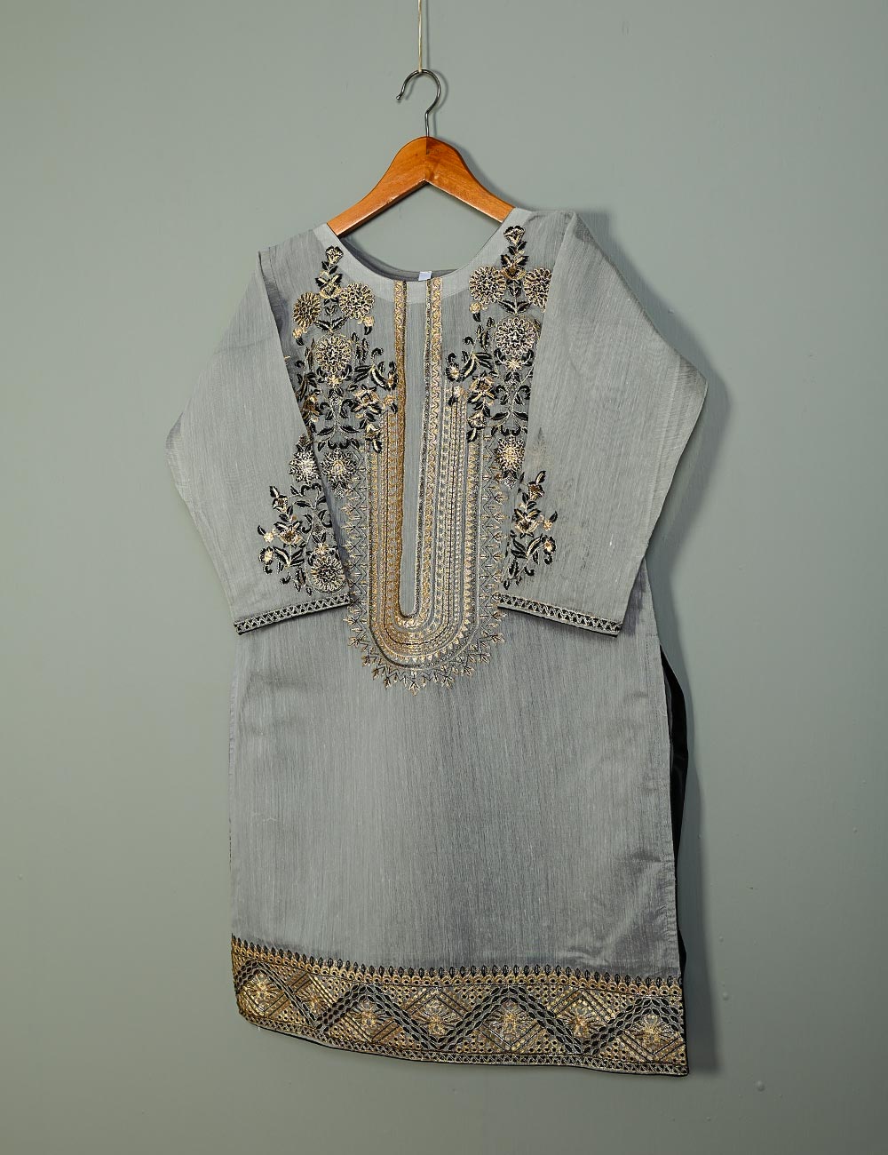 T20-040D-Grey - Equinox - Semi Formal Paper Cotton Fabric Embroidered Stitched Kurti