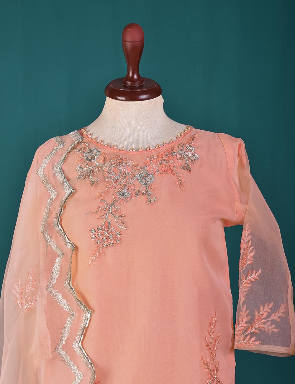 3 Pc Stitched Organza Suit With Tassels With Organza Embroidered Dupatta and Malai Trouser - Pearly Delight (RTW-21-Pink)