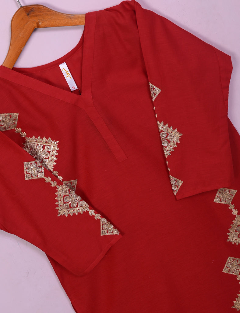 TS-111A-Red - Cotton Embroidered Stitched Kurti