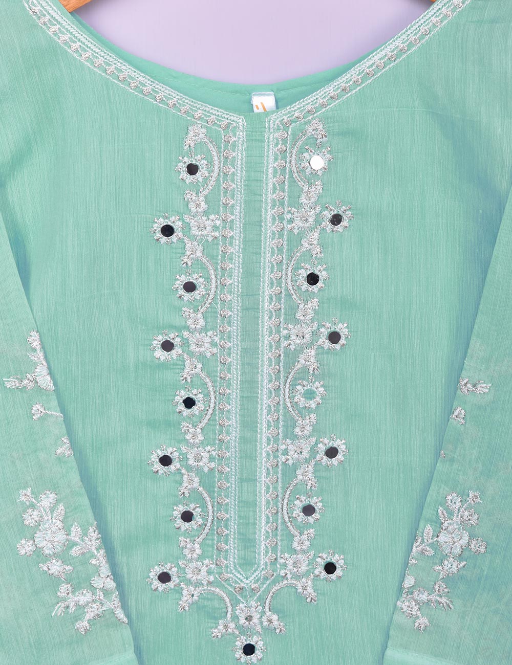 Paper Cotton Embroidered Stitched Kurti With Mirror Work - Reflection (TS-062B-AquaGreen)