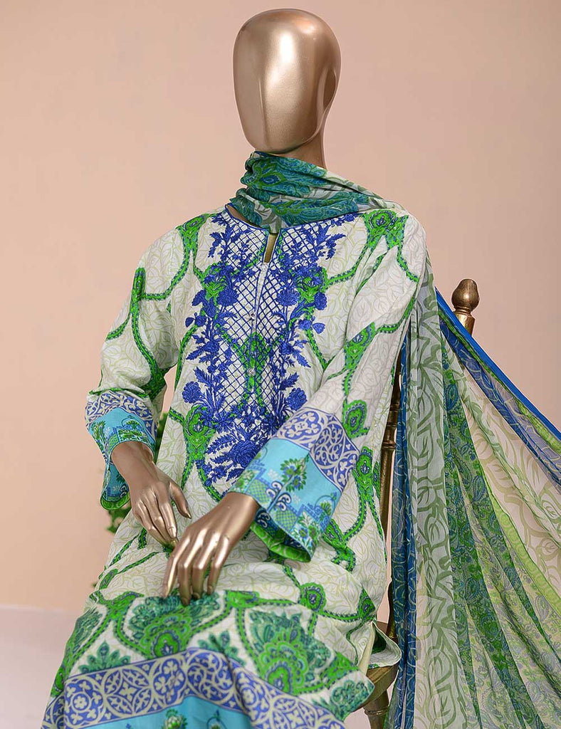 3 Pc Unstitched Lawn Embroidered Dress with Chiffon Dupatta - Bamboo  - (FE-06)
