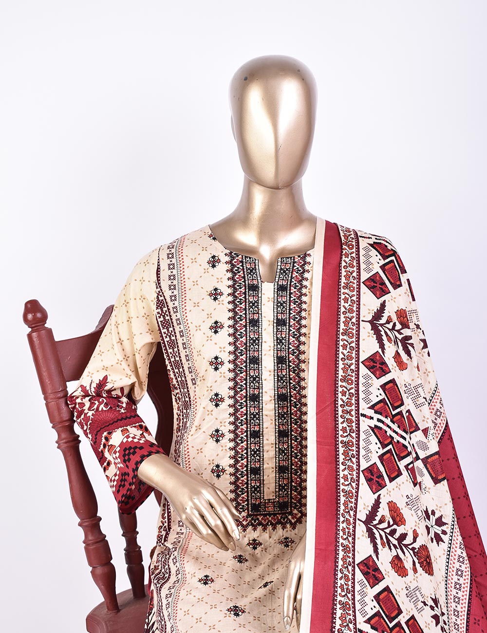 3 Pc Un-stitched Embroidered Lawn - Eternal Ethnic (ATL-4B-Skin Maroon)