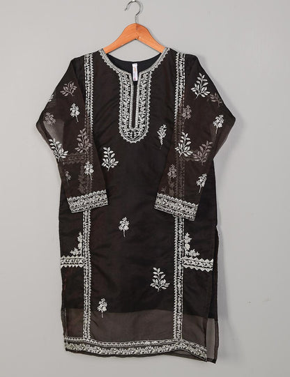 TS-142A-DarkBrown - Organza Embroidered Stitched Kurti