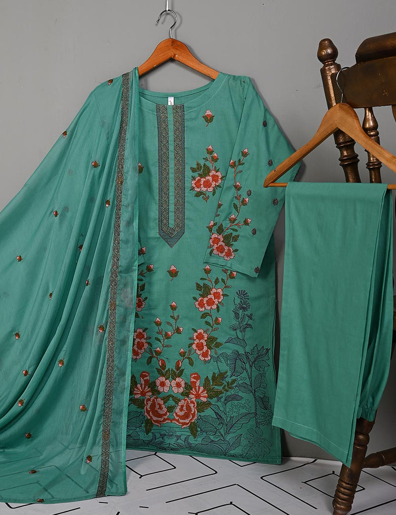 SEC-1A-SeaGreen - 3Pc Stitched Cotton Embroidered Dress With Chiffon Embroidered Dupatta