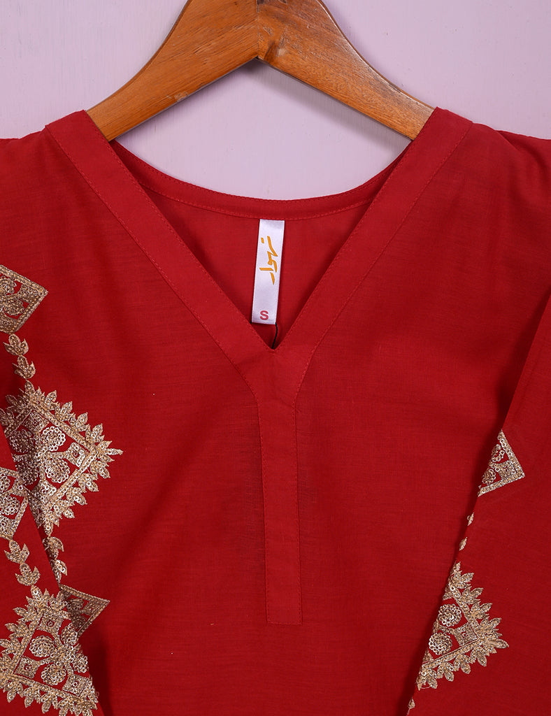 TS-111A-Red - Cotton Embroidered Stitched Kurti