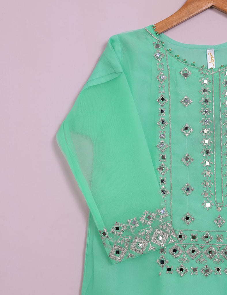 TS-113A-AquaGreen - Organza Embroidered Stitched Kurti With Mirror Work