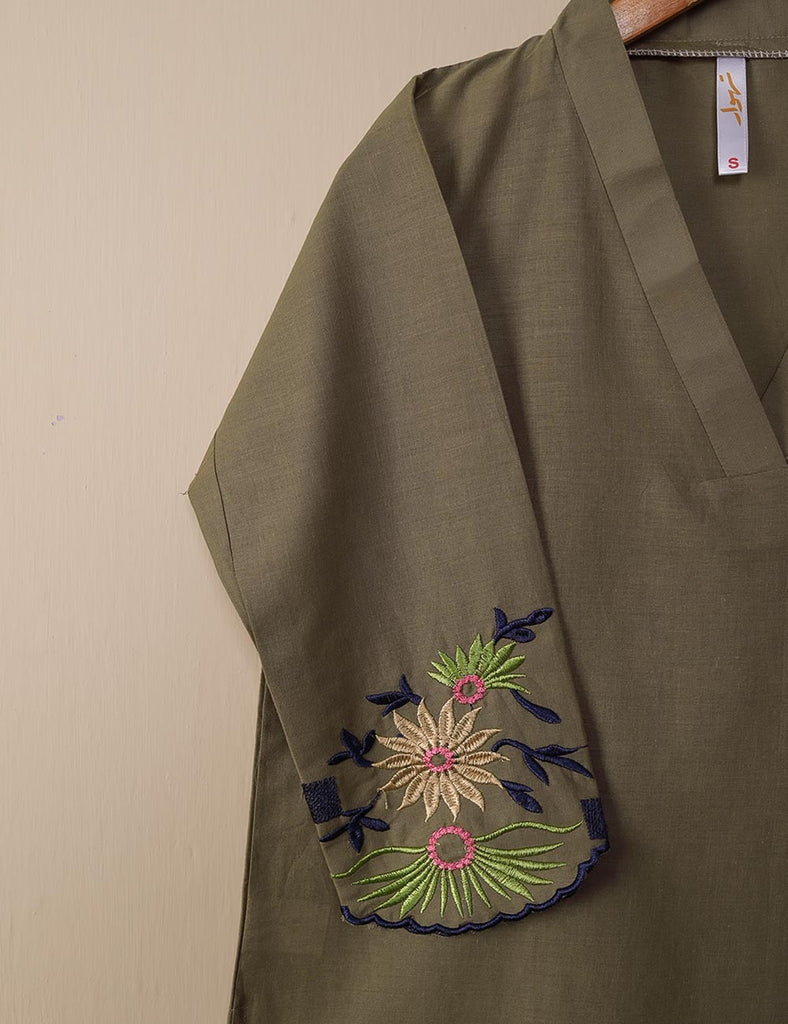 TS-061D-Khaki - Feathers - Cotton Embroidered Stitched Kurti