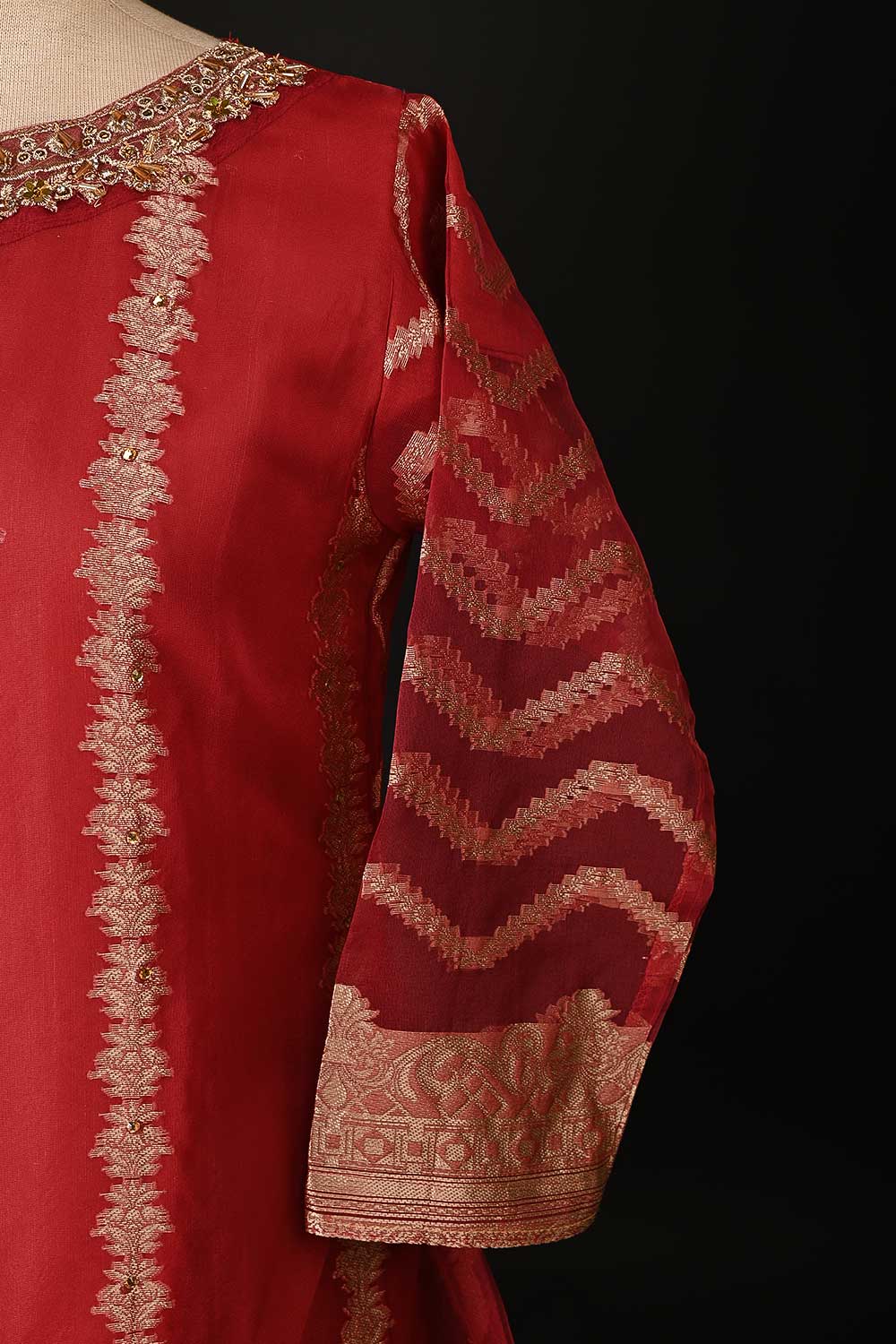 RTW-107-Red -  3Pc Stitched Organza Premium Banarsi Jacquard