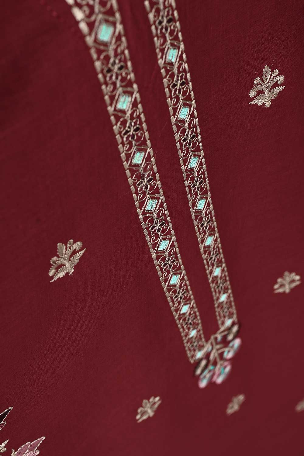 3SP-7B-Maroon - 3PC COTTON EMBROIDERED Dress With Chiffon Embroidered Dupatta