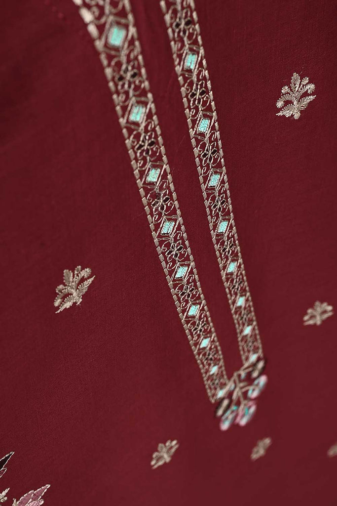 3SP-7B-Maroon - 3PC COTTON EMBROIDERED Dress With Chiffon Embroidered Dupatta