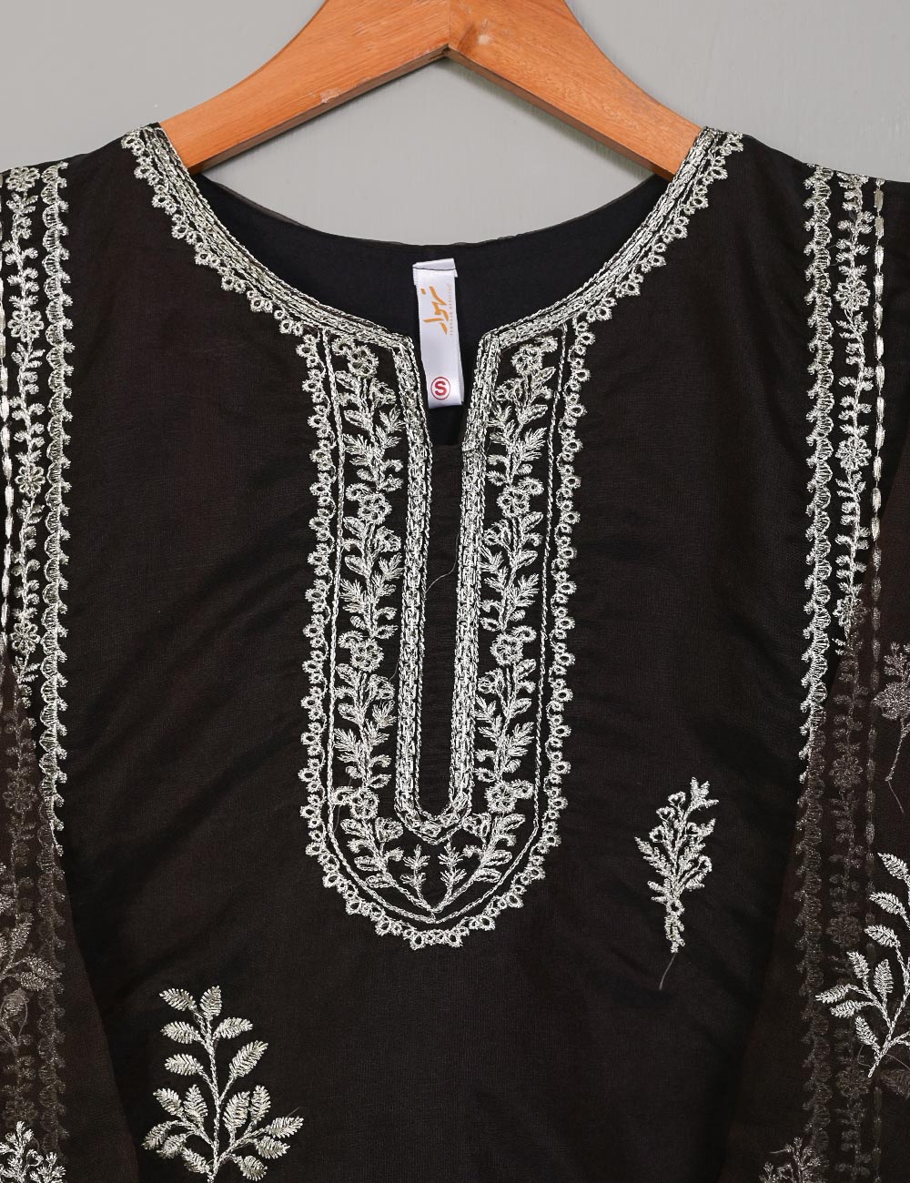 TS-142A-DarkBrown - Organza Embroidered Stitched Kurti