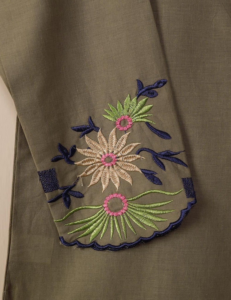 TS-061D-Khaki - Feathers - Cotton Embroidered Stitched Kurti