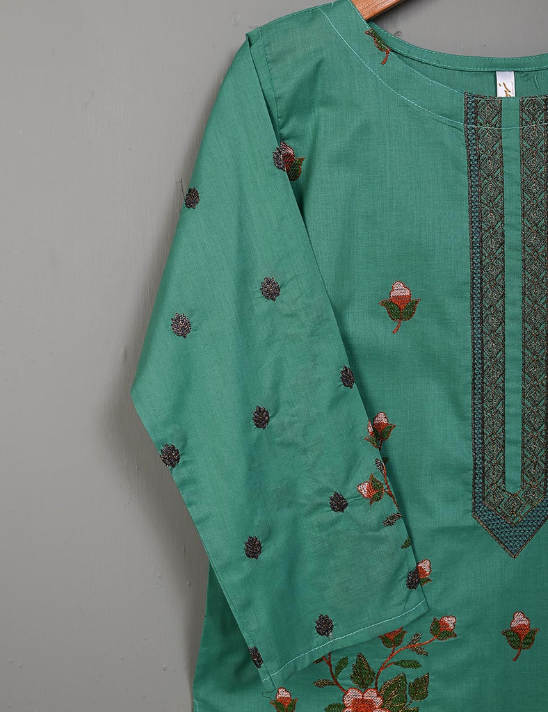 SEC-1A-SeaGreen - 3Pc Stitched Cotton Embroidered Dress With Chiffon Embroidered Dupatta