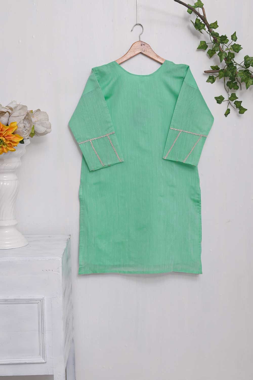 (TS-104-Aqua Green) - Paper Cotton Embroidered Stitched Kurti With Mirror Work