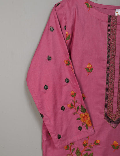 SEC-1B-Pink - 3Pc Stitched Cotton Embroidered Dress With Chiffon Embroidered Dupatta