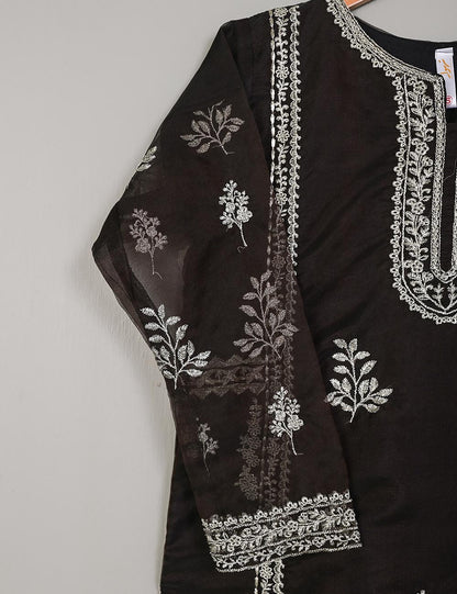 TS-142A-DarkBrown - Organza Embroidered Stitched Kurti